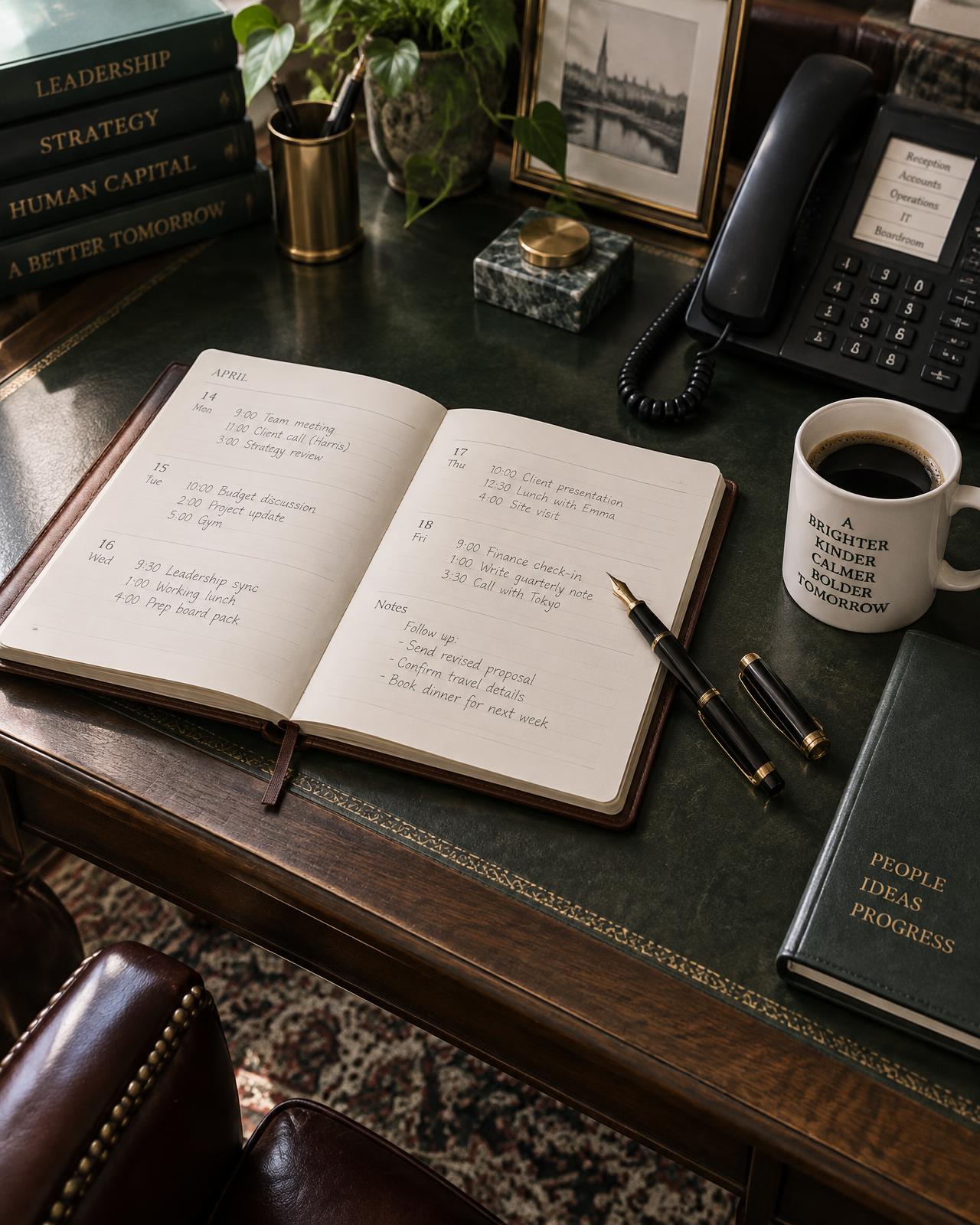 A desk telephone and notepad in a quiet office