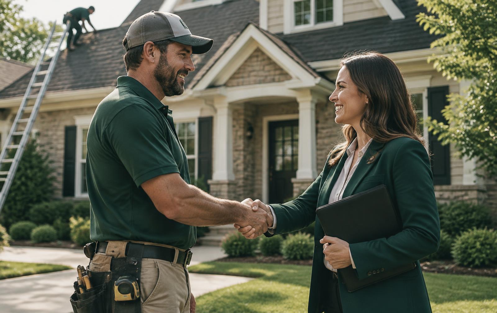 A contractor and an insurance agent meeting outside a home